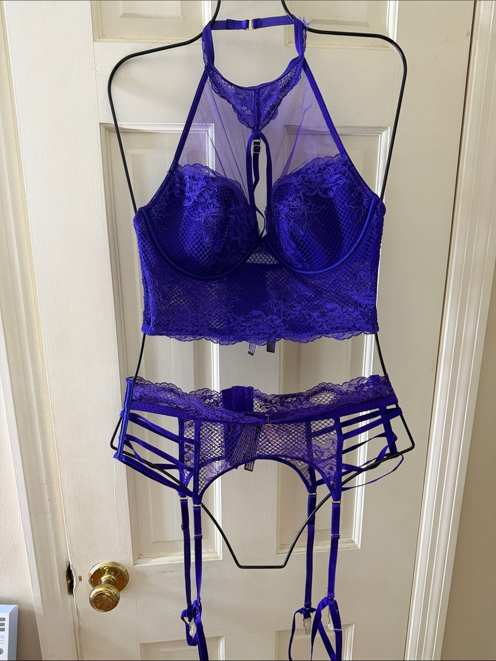 Victoria's Secret Electric Purple Lace Longline Bralette with Thong & Garter Set